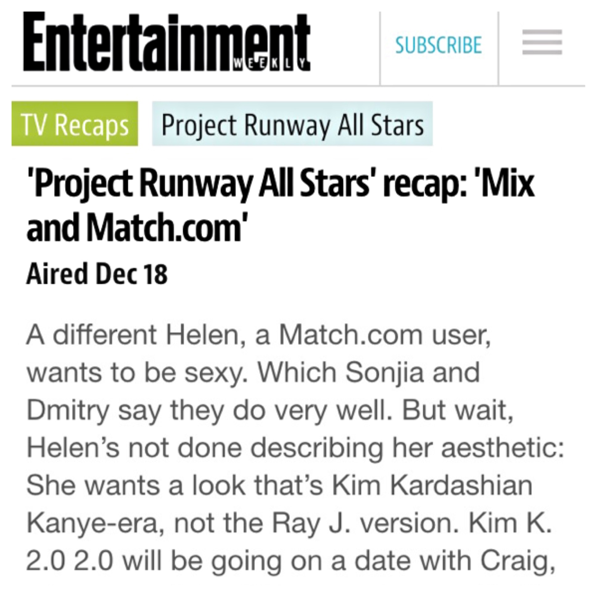 Kim K 2.0? Well I've been call worse...thanks Entertainment Weekly!